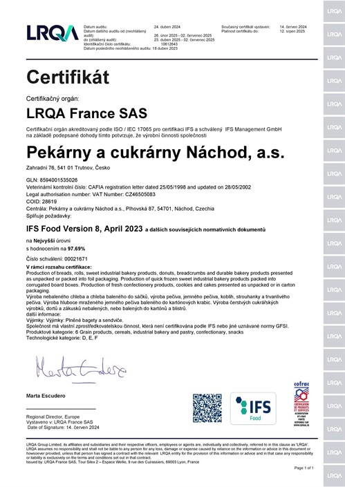 Certifikat IFS Trutnov 2024 CZ Page 001